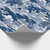 Papier Cadeau Chinoiserie Paysage Peinture Bleu Blanc (Coin)