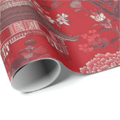 Papier Cadeau Chinoiserie Pink Rouge Floral Peinture (Coin rond)