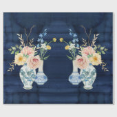 Papier Cadeau Chinoiserie Rose Peony Flowers Marine Blue Wood (Plat)