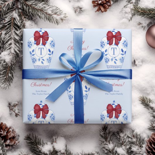 Papier Cadeau Chinoiserie Rouge Blanc Bleu Monogramme de Noël
