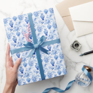 Papier Cadeau Chinoiserie Toile Bleu & Blanc Vases Florales
