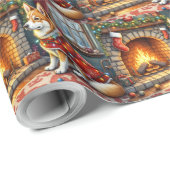 Papier Cadeau Chinook Sitting by Fireplace with Christmas Lights (Coin rond)