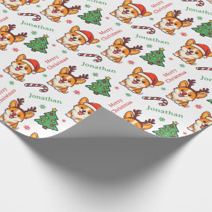 Papier Cadeau Chiot Corgi Mignon Arbre de Noël Fêtes de fin d'an