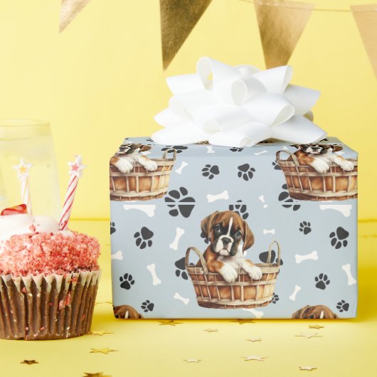Papier Cadeau Chiot de boîte mignonne dans l'Empreinte de patte  (Fête d'anniversaire)
