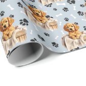 Papier Cadeau Chiot d'or retriever en Empreinte de patte de pani (Coin rond)