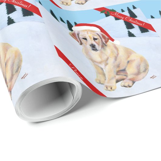 Papier Cadeau Chiot jaune de Labrador de Noël (Coin rond)
