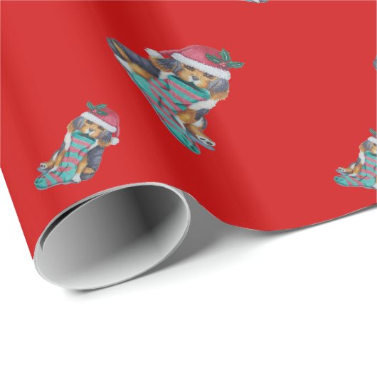 Papier Cadeau chiot noir et brun mignon vêtu pour noël (Coin rond)