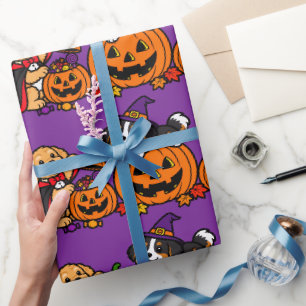 Papier Cadeau Chiots et citrouilles d'Halloween Grand