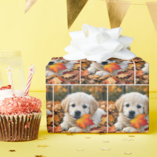 Papier Cadeau Chiots Retriever Doré avec Feuille d'Automne