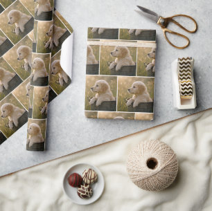 Papier Cadeau Chiots Retriever Doré dans un seau métallique