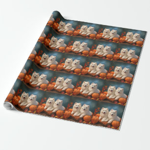 Papier Cadeau Chiots Samoyède Délice d'Automne Citrouille