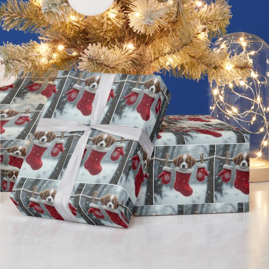 Papier Cadeau Chiou de St-Bernard dans un bas de Noël (Vacances)