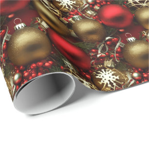 Papier Cadeau Chocolat Brown et ornements de Noël rouge rubis