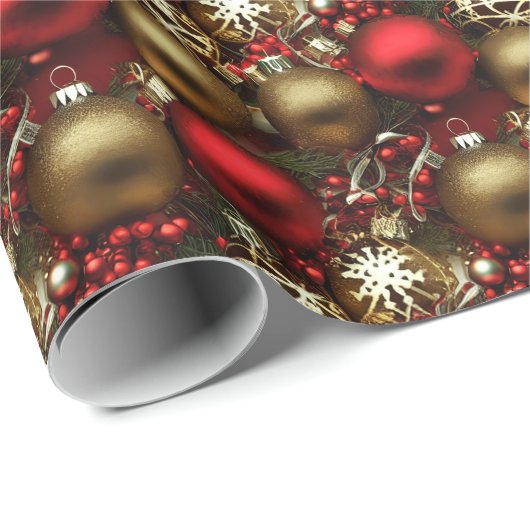 Papier Cadeau Chocolat Brown et ornements de Noël rouge rubis (Coin rond)