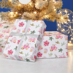 Papier Cadeau Chocolat chaud de Noël et poinsettias roses