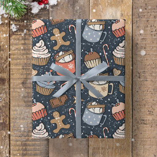 Papier Cadeau Chocolat Chaud Vintage Noël Traditionnel Bleu Fonc