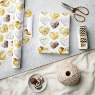 Papier Cadeau Chocolat Or Coeurs blancs Anniversaire