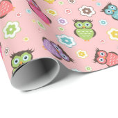 Papier Cadeau Chouette adorable et composition florale (Coin rond)