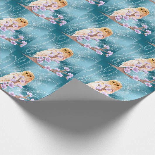 Papier Cadeau Chouette beige sur la branche florale violette Éti (Coin)