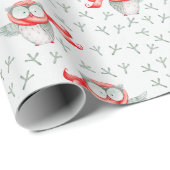 Papier Cadeau Chouette d'aquarelle mignonne dans l'Écharpe d'hiv (Coin rond)