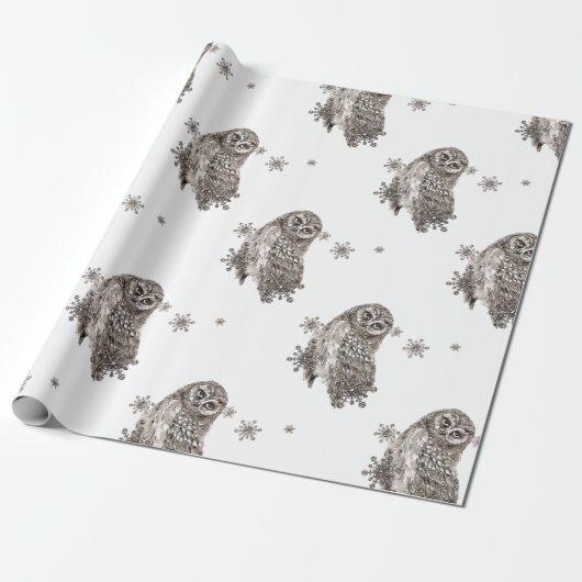 Papier Cadeau Chouette d'aquarelle noire et blanche Snowflakes d (Déroulé)