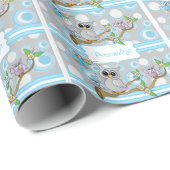 Papier Cadeau Chouette de bébé bleu et gris | Thème Douche (Coin rond)