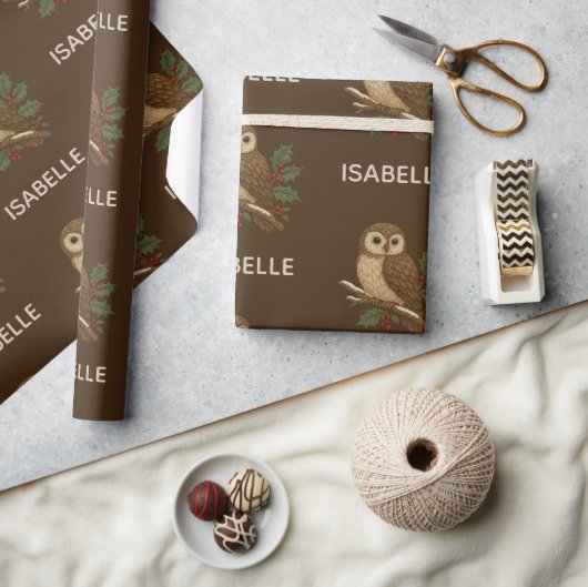 Papier Cadeau Chouette de Noël brune broderie rustique avec Holl (Artisanat)