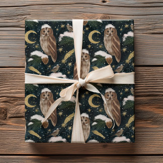 Papier Cadeau Chouette de Noël céleste motif nuit d'hiver