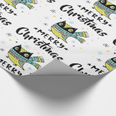 Papier Cadeau Chouette de Noël mignonne et typographie noire (Coin)