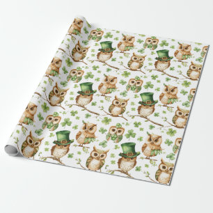 Papier Cadeau Chouette mignonne avec Shamrock Casquette vert Fêt