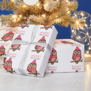 Papier Cadeau Chouette mignonne Joyeuses Fêtes Rose Noël Tendanc