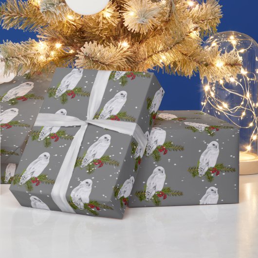 Papier Cadeau Chouette Neige Sur Pin Et Berries (Vacances)