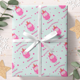 Papier Cadeau Chouette Noël Rose Étoiles Neige Personnalisé