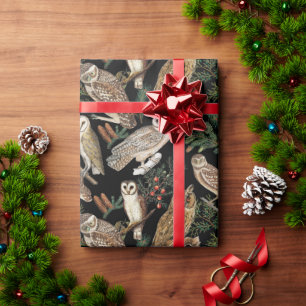 Papier Cadeau Chouette vintage et arbre à pin