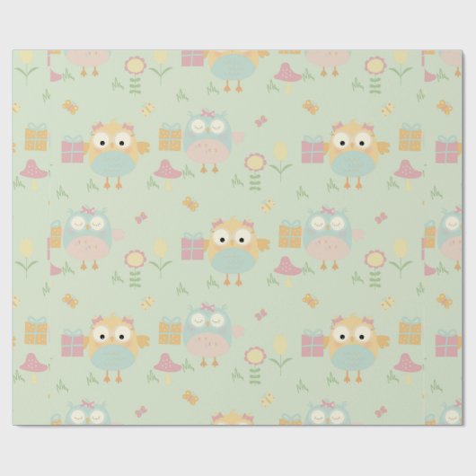 Papier Cadeau Chouettes Anniversaire Présents Vert Bleu Fleurs S (Plat)