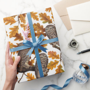 Papier Cadeau Chouettes d'automne sur coton blanc