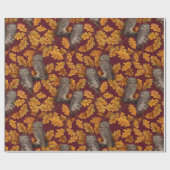 Papier Cadeau Chouettes d'automne sur rouge foncé (Plat)