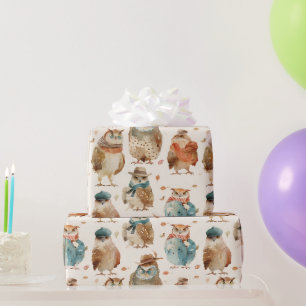 Papier Cadeau Chouettes de caractère d'hiver