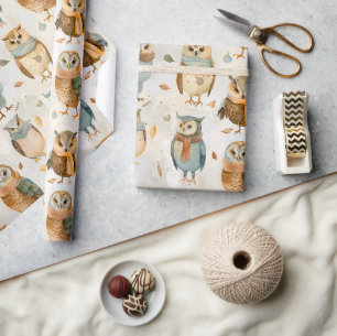 Papier Cadeau Chouettes de caractère d'hiver