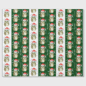 Papier Cadeau Chouettes en Santa Hats Motif de Noël, Vert (Plat)