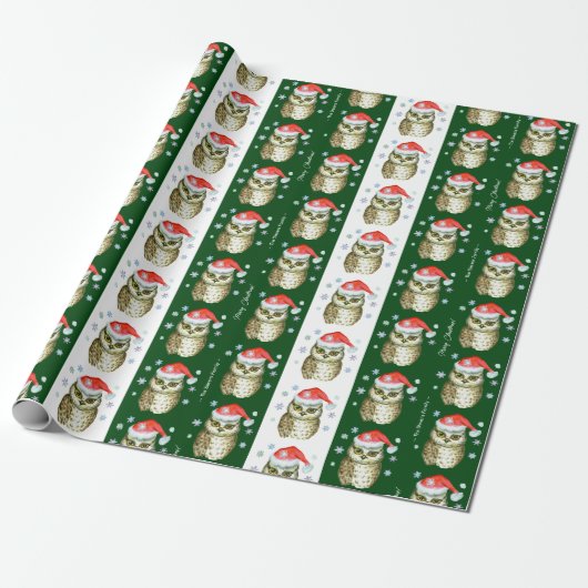 Papier Cadeau Chouettes en Santa Hats Motif de Noël, Vert (Déroulé)