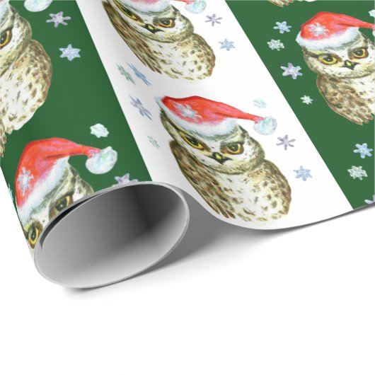 Papier Cadeau Chouettes en Santa Hats Motif de Noël, Vert (Coin rond)