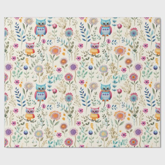 Papier Cadeau Chouettes mignonnes en fleurs (Plat)