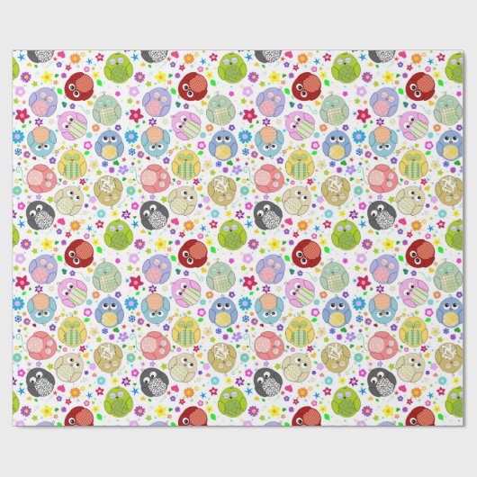 Papier Cadeau Chouettes mignonnes et motif de fleurs (Plat)