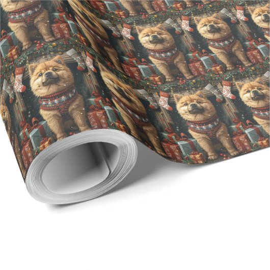 Papier Cadeau Chow Chien Chow avec cadeaux de Noël cheminée (Coin rond)