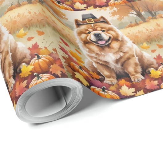 Papier Cadeau Chow Chow À L'Automne Feuille L'Art Thanksgiving (Coin rond)