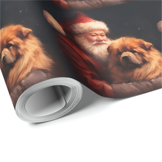 Papier Cadeau Chow Chow avec Noël Festif du Père Noël (Coin rond)