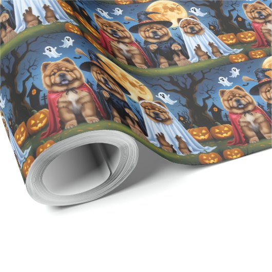 Papier Cadeau Chow Chow Chien Citrouille Halloween drôle (Coin rond)