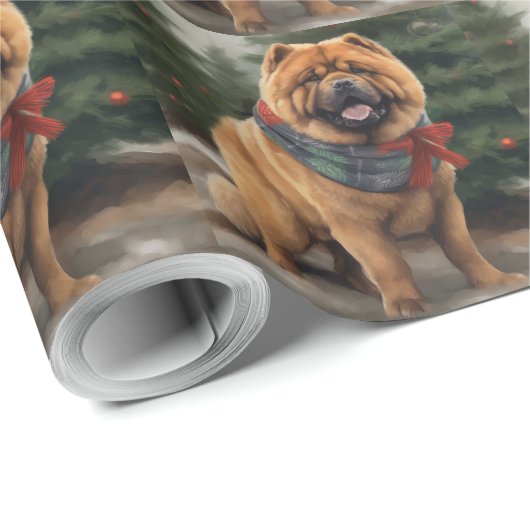 Papier Cadeau Chow Chow Chien de Noël en neige (Coin rond)