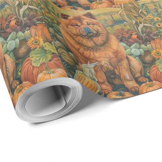 Papier Cadeau Chow Chow Chien Moisson Automne Thankgiving (Coin rond)
